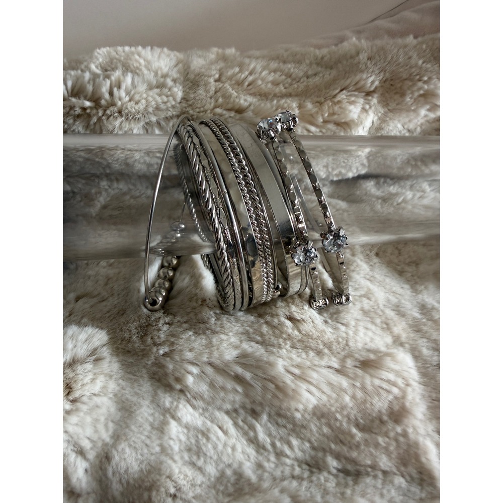Silver Tone Stackable Bangle Bracelet Set Rhinestone Beaded Twisted Rope 10pc